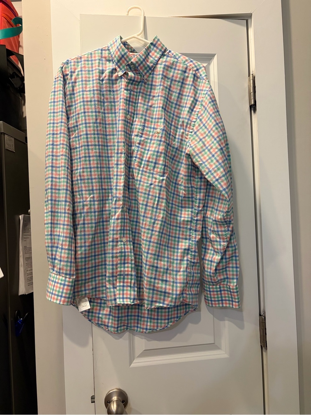 Cotton brothers Men's Plaid Button-Down Shirt Blue, Pink & Green large l